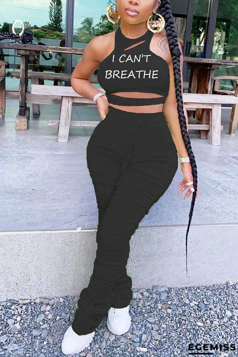 Black Fashion Sexy Street Print Hole pencil Sleeveless Two Pieces | EGEMISS