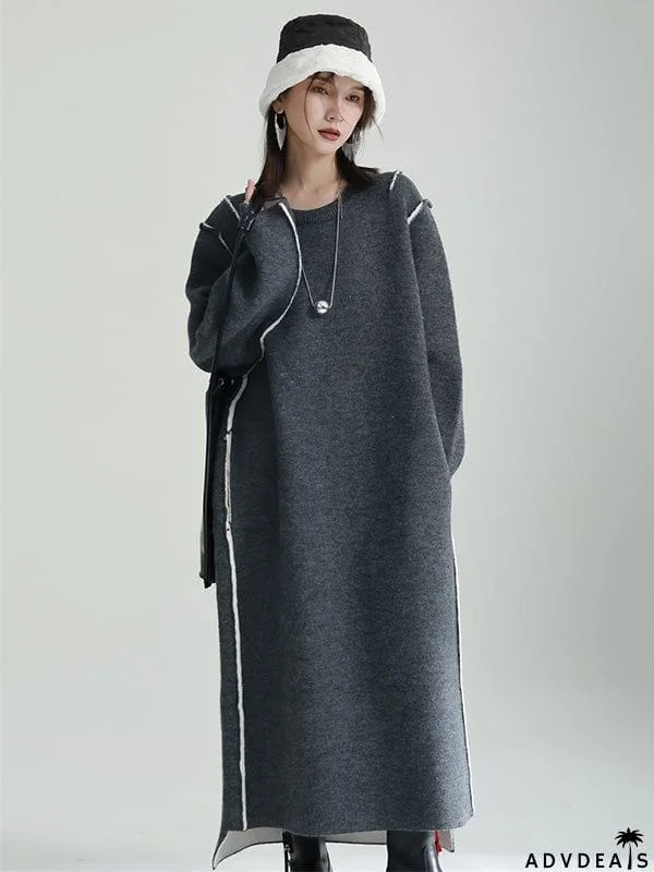 Casual Long Sleeves Loose Solid Color Round-Neck Sweater Dresses