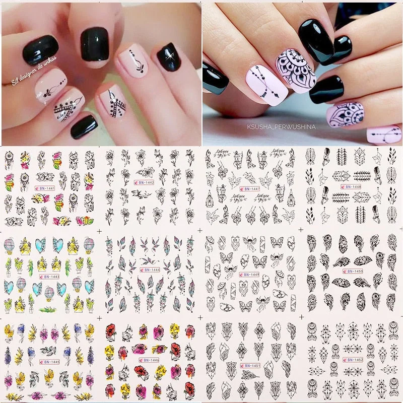 12 Designs Nail Stickers Set Mixed Floral Geometric Nail Art Water Transfer Decals Sliders Flower Leaves Manicures Decoration-Nail Inspo