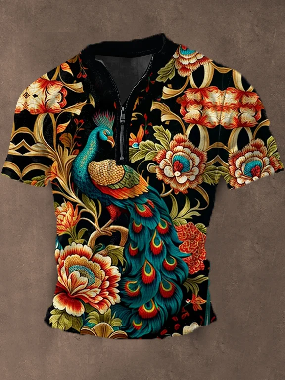 Men's Vintage Boho Flower Tropical Peacock Art Print Zipper T-Shirt
