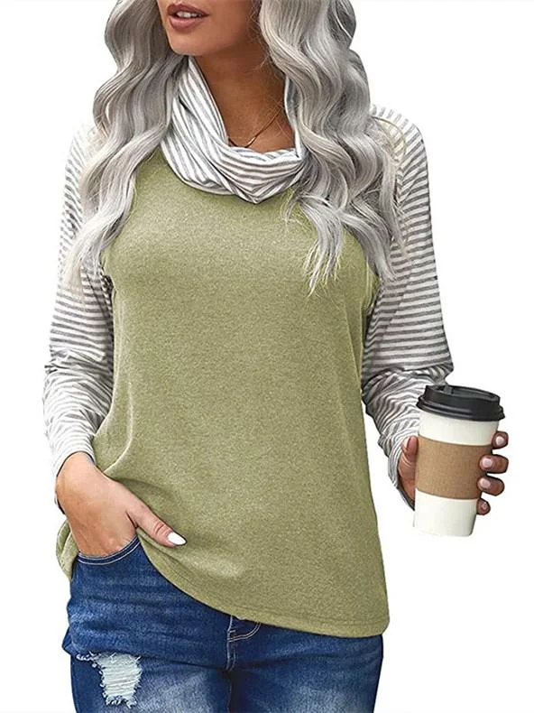 Women Long Sleeve Scoop Neck Striped Stitching Top