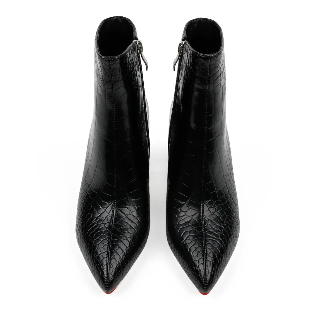 75mm Women's Zipper Pointed Toe Red Bottom Chunky Heel Ankle Boots-vocosishoes