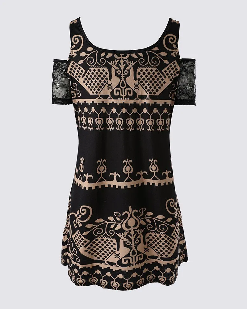 Uveng Women Sexy High Waist Fashion Summer Tribal Print Contrast Lace Cold Shoulder Casual Dress Mini Dress