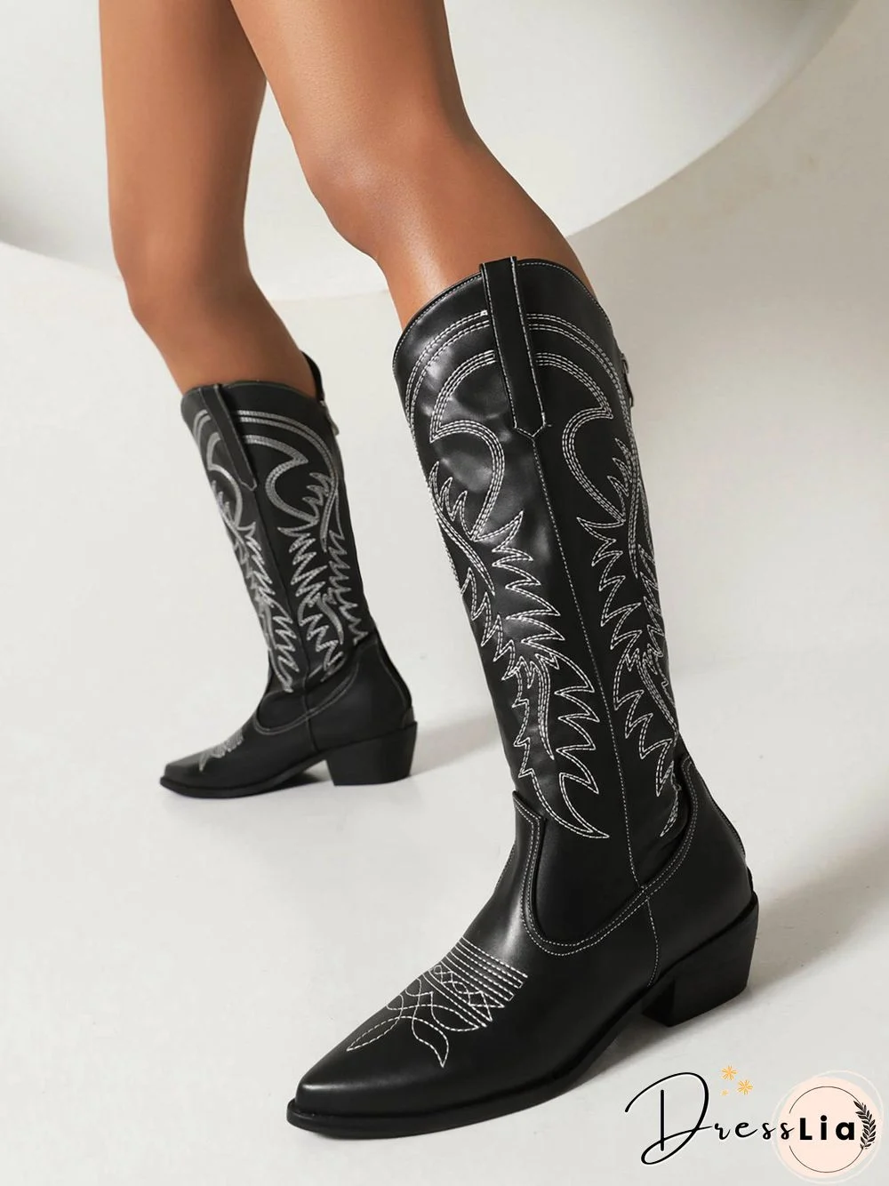 Embroidered Panel Plush Warm Pointed-Toe Cowboy Boots