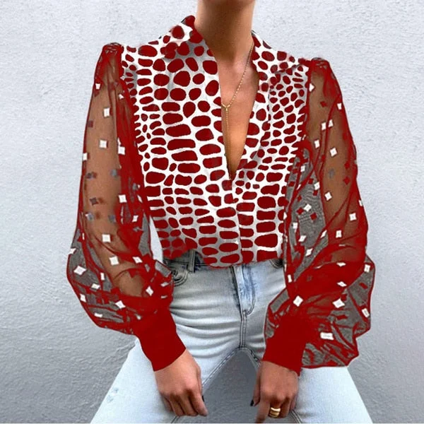Sexy Blouse Lantern Sleeves V-neck Patchwork Shirt Casual Loose Lace Blouses Leopard-print Ladies Tops