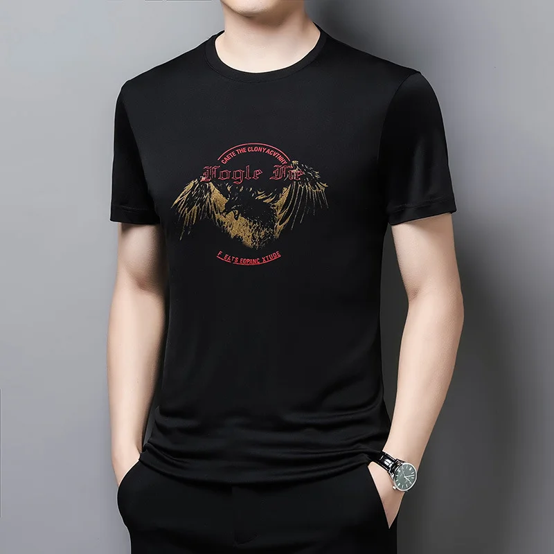 T-shirt en soie noire de motif à la mode- SOIE PLUS