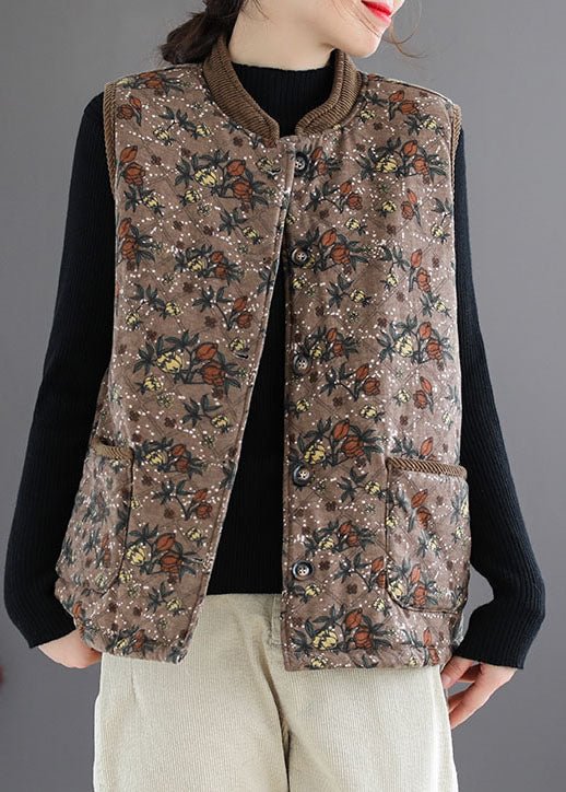 Casual Brown Stand Collar Print Fine Cotton Filled Vest Sleeveless CK767- Fabulory