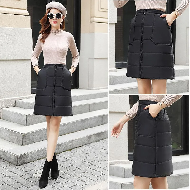 M-4XL Sexy High Waist Skirt Autumn Winter 2020 New Korean Elegant Zipper Pocket Women Skirt  Black  Knee-length Skirts Plus Size