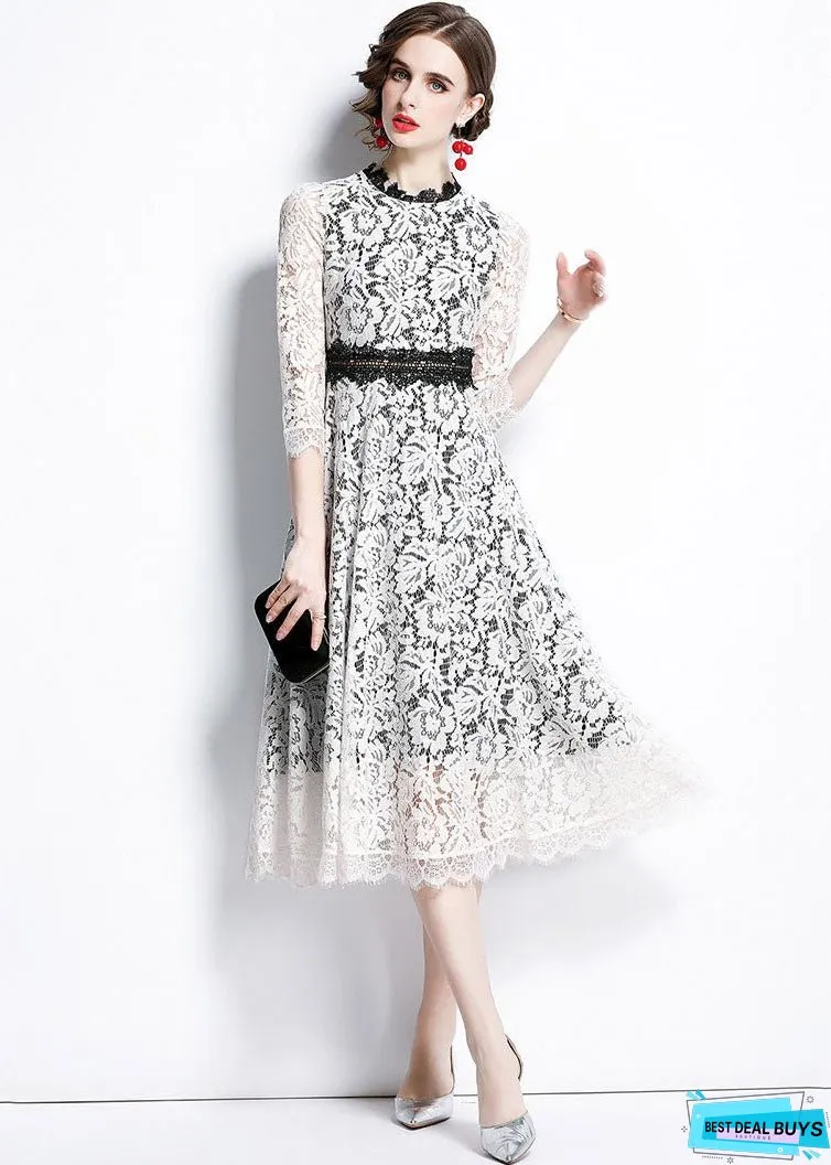 Women White O-Neck Patchwork Lace Party Dress Bracelet Sleeve