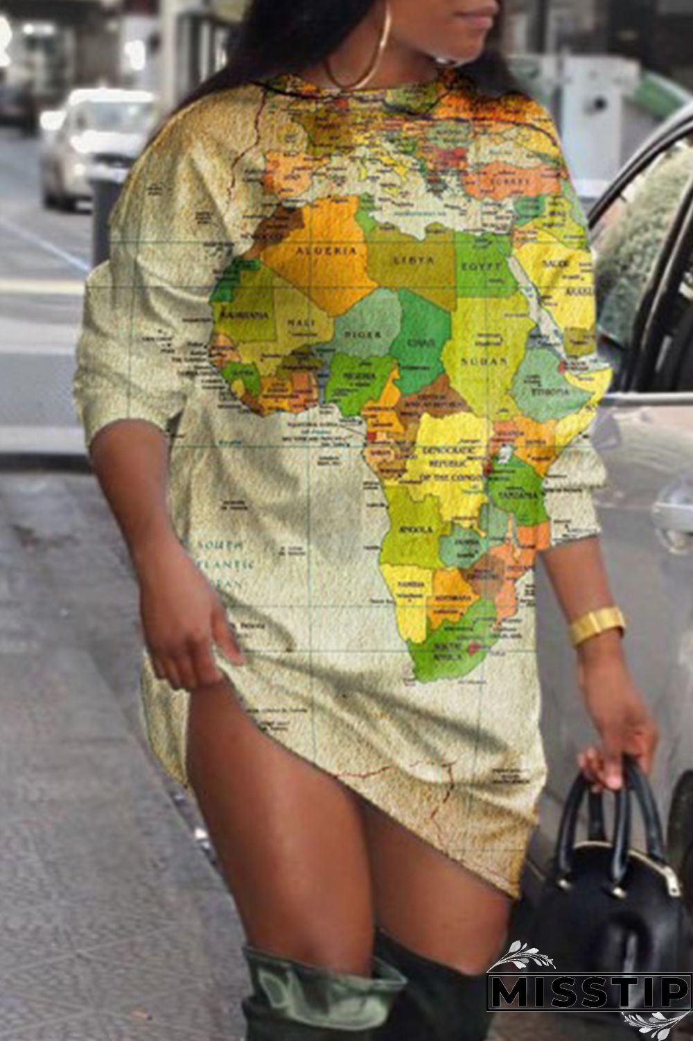 Purple Fashion Casual Print Basic O Neck Long Sleeve Plus Size Dresses