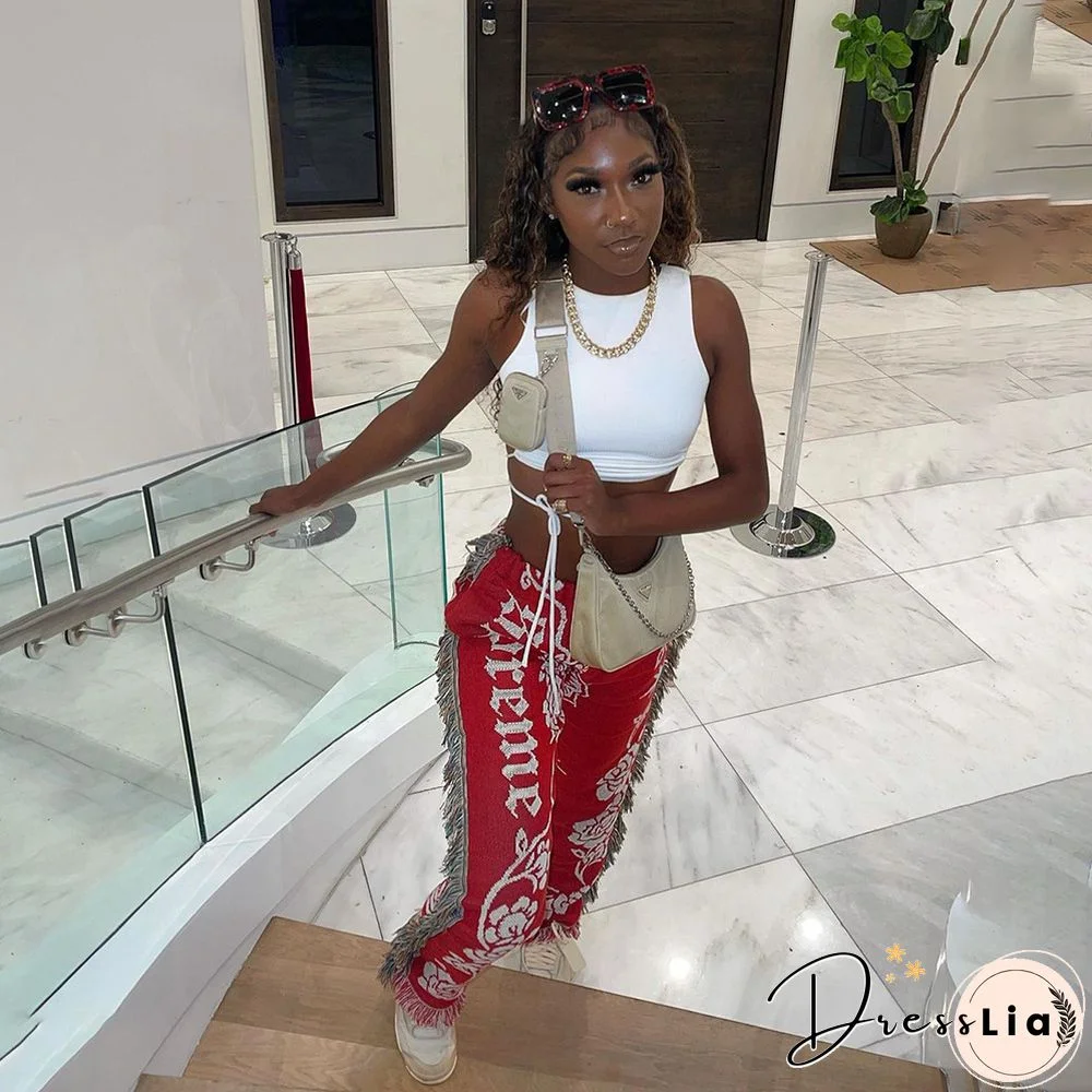 Side Tassels Patchwork Elastic Waist Women Print Jogger Pant