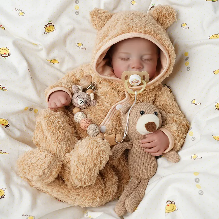 Babeside Noah 20" Vinyl Baby Boy Doll, Sleeping Face in Brown Bear Plush Outfit, Gift Set
