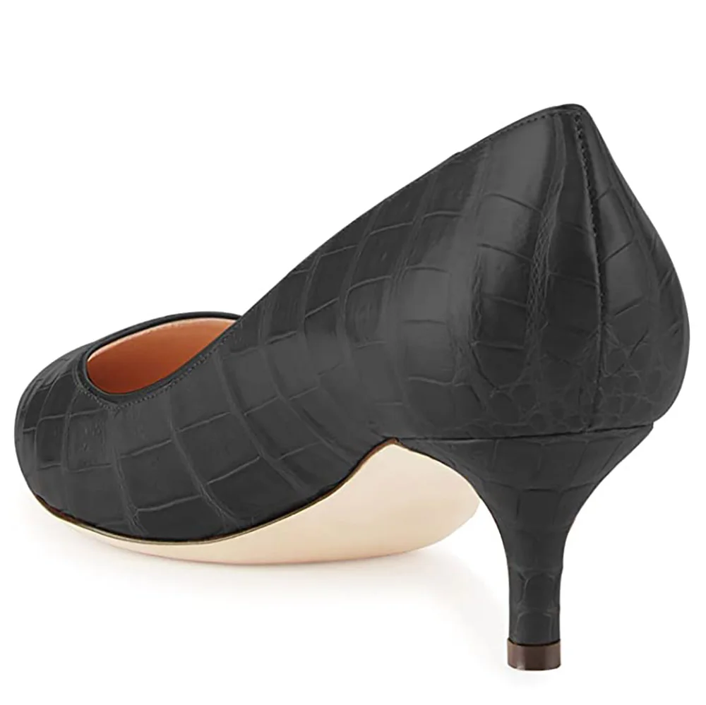 Black Vegan Leather Croc-Embossed Pointed Pumps with Kitten Heel