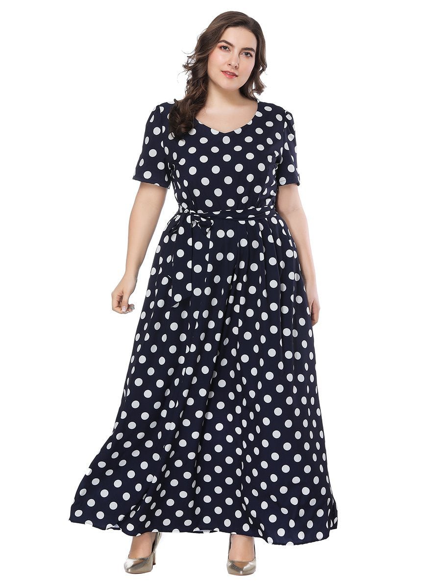 Plus Size Dress Retro Style Short Sleeve Polka Dot Dress