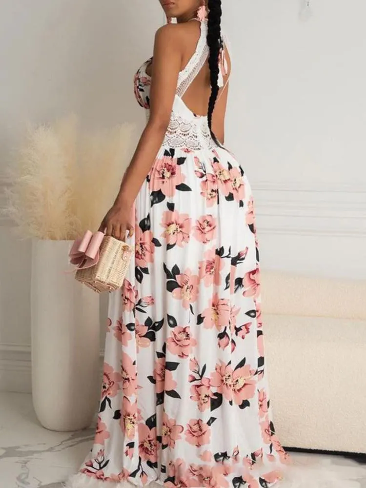 Sexy Deep V Neck Pink Flower Printed Beach Dress