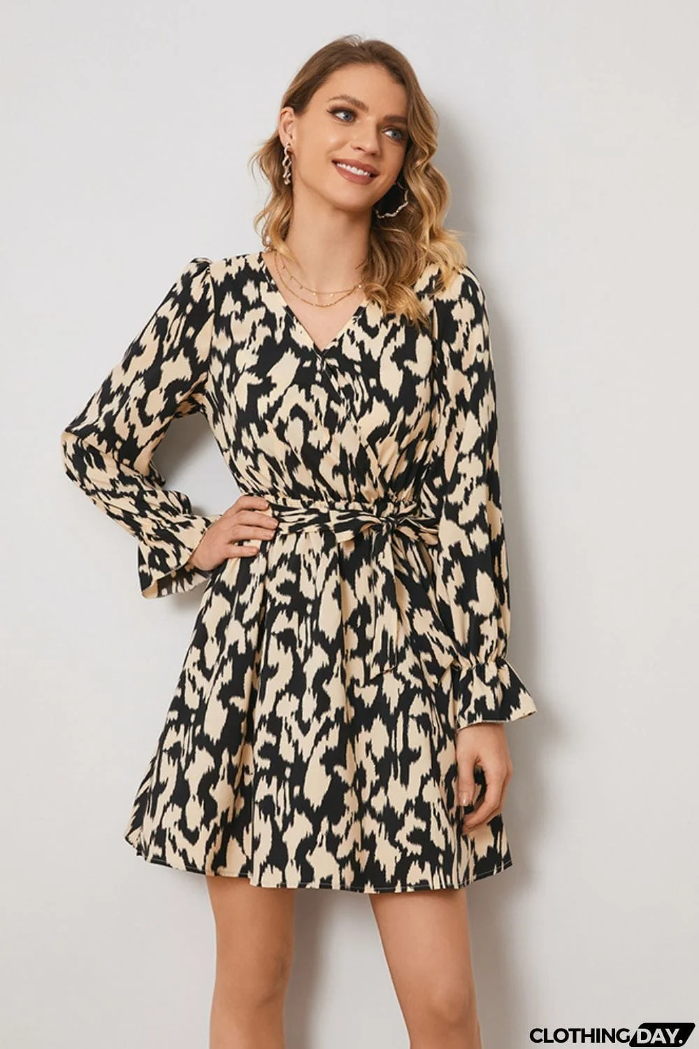 Animal Print Surplice Neck Long Flounce Sleeve Dress