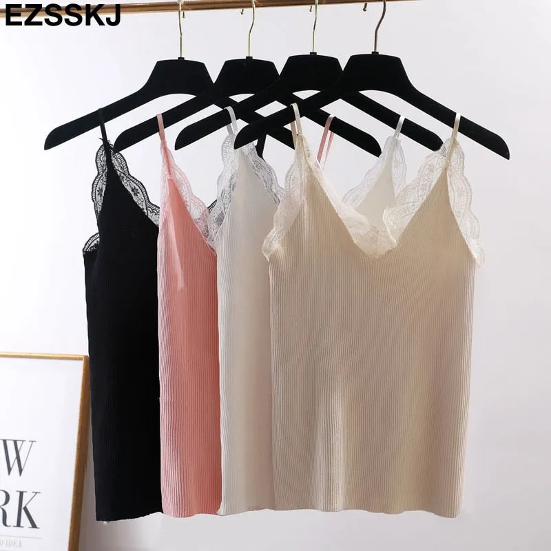 Sexy basic lace camisole Summer knit Tank top Women Adjustable strap camisole female camis  High Elasticity top casual