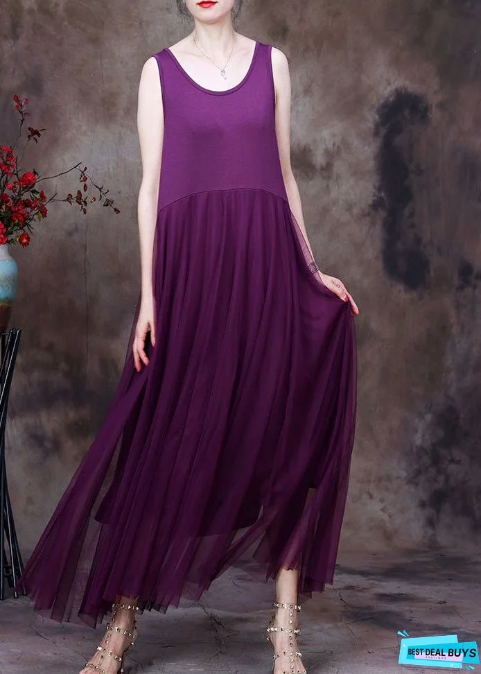 Slim Fit Solid White O-Neck Tulle Patchwork Cotton Spaghetti Strap Dress Sleeveless