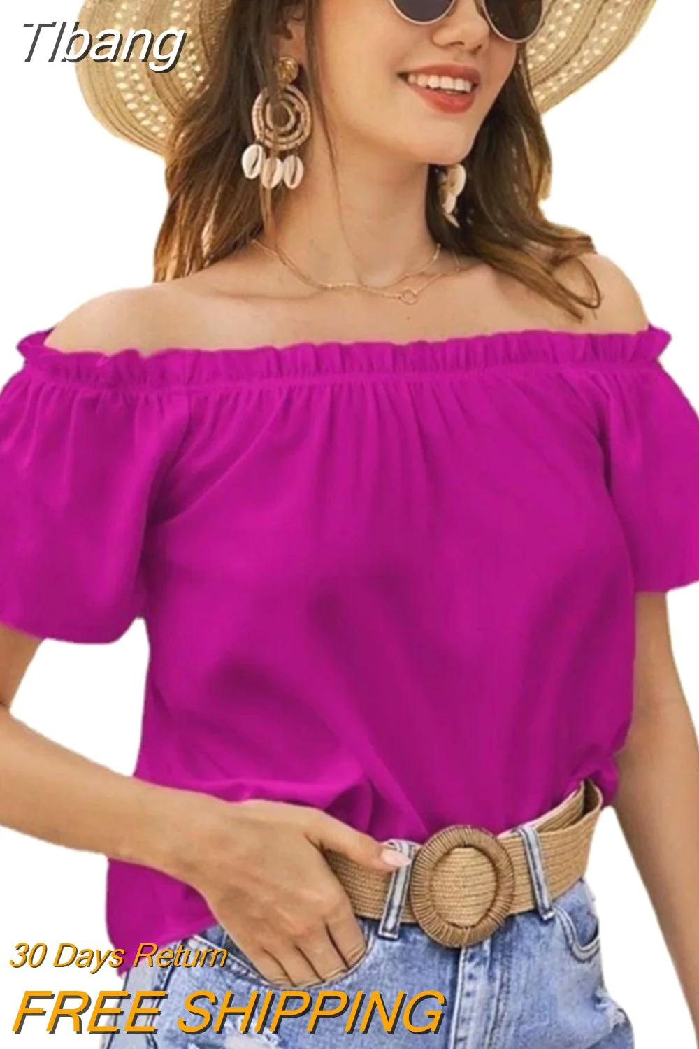Tlbang Off Shoulder Women Blouse Short Sleeve 2023 New Ruffled Shirt Casual Loose Sweet Tops Solid Color Clothes Blusas 25274