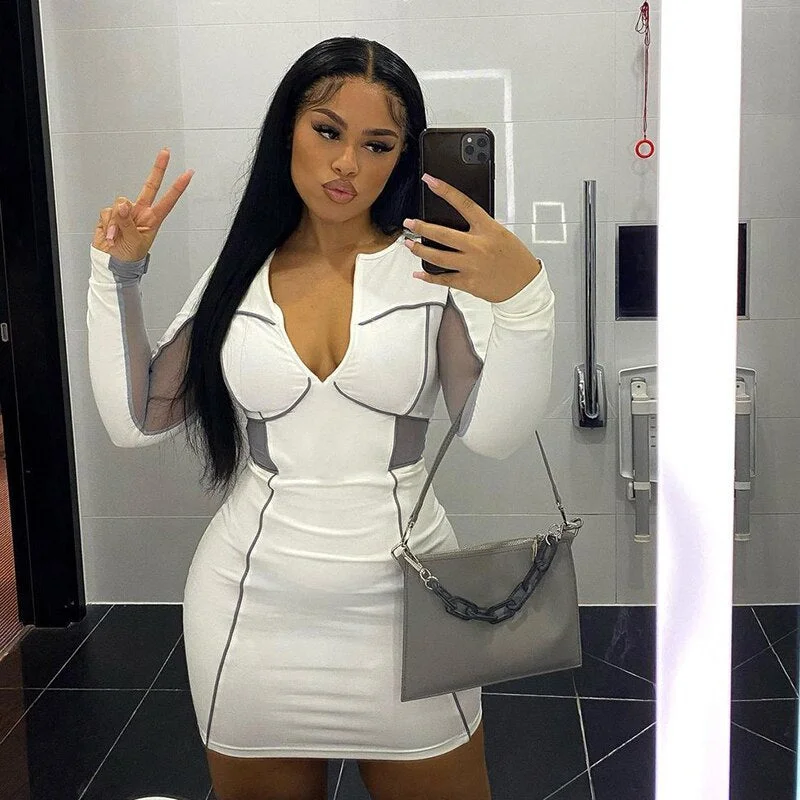 BIIKPIIK Women Mini Simple Patchwork Bodycon Dress Long Sleeve Low-cut Cleavage Lounge Streetwear Autumn Winter Stretchy Dresses