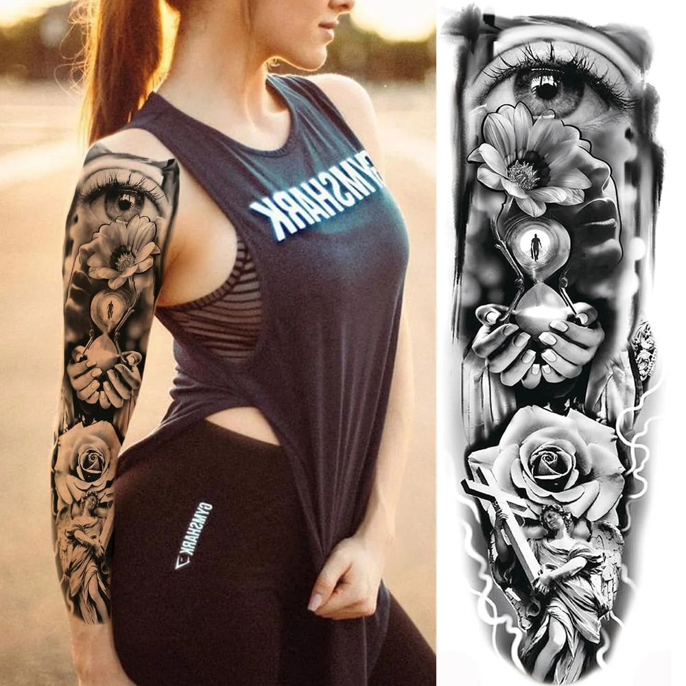 For Men Women Body Art Full Arm Sleeve Black Flower Tatoo Water Transfer Fake Tattoo Stickers Large Compass Temporary Tattoos