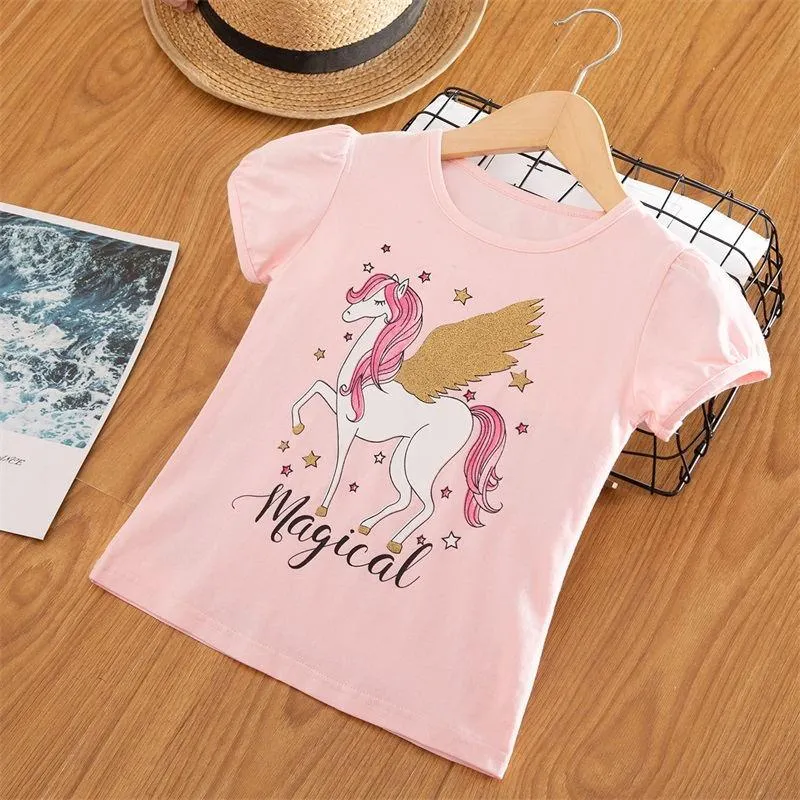 Girls T-shirts Short Sleeve Flamingo Unicorn Print Tops for Baby Girl Summer Clothes Sequins Tshirt 3-8Yrs Kids Tees for Girls