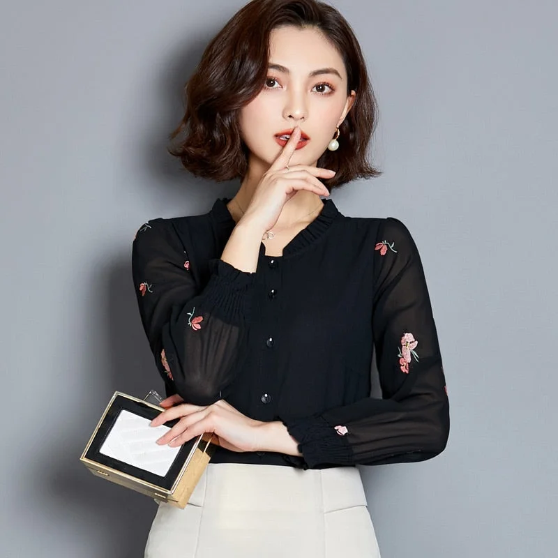 Clothing Women 2021 Plus Size 4XL Long Sleeve Women's Blouses Printed Solid Color Shirt Chiffon Blouse Ladies Tops 5 Color 2640