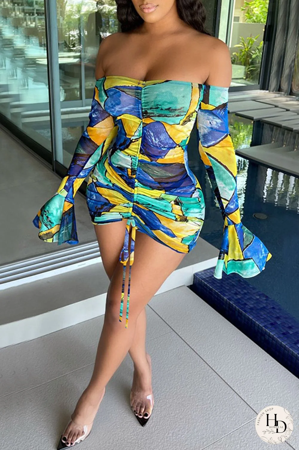 Rose Red Fashion Sexy Print Draw String Backless Bateau Neck Printed Dress