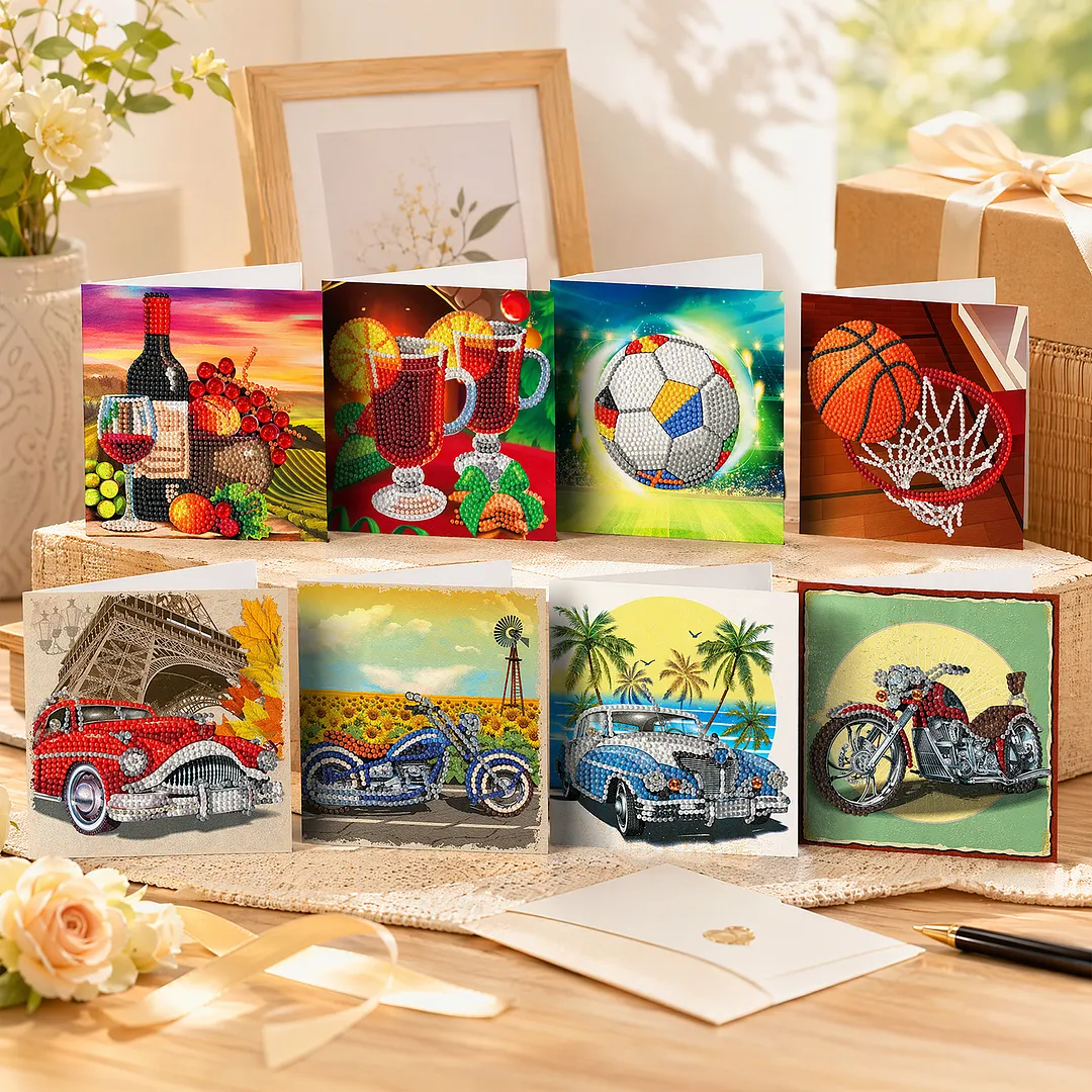 8PCS Cars and Balls DIY Diamond Painting Greeting Card Kits with Envelopes Diamond Art Greeting Cards Diamond Art Cards Kits for Adults DIY Crafts Family Friend Gifts