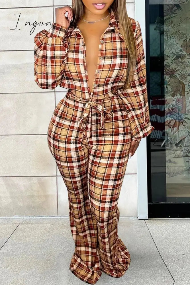 Ingvn - Earth Yellow Casual Plaid Print Patchwork Turndown Collar Plus Size Jumpsuits / 1Xl Plus