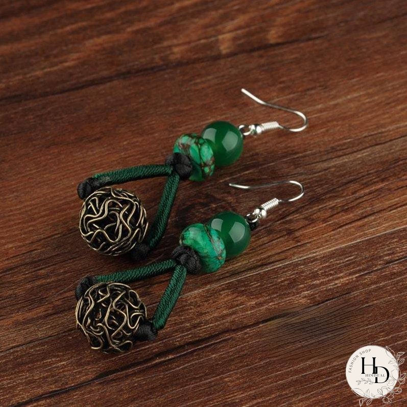 Ethnic style earrings green earrings women's vintage style sterling silver premium sense earrings