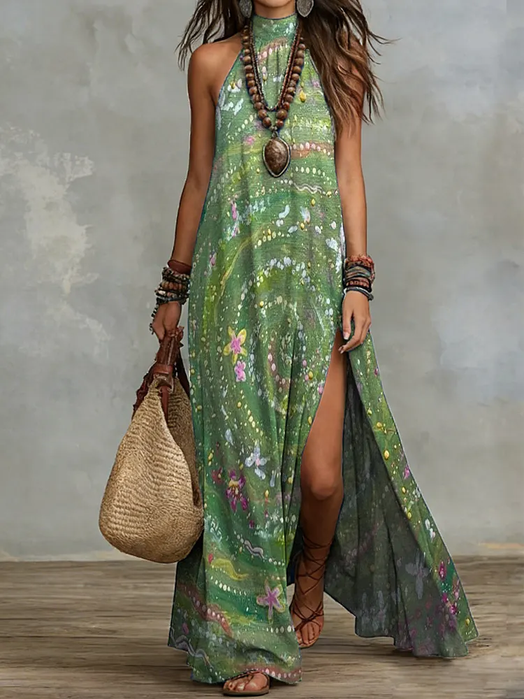 Bohemian Retro Oil-painting Print Halter Maxi Dress With Slit &acirc;&euro;&rdquo; Vacation-style Cotton-linen Printed Dress