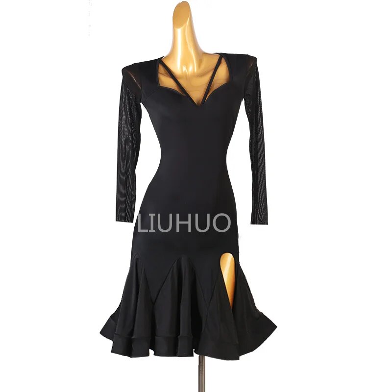 Latin Dress Race Dress Woman Professional Performance Competition Custom Black Ruffled Hemline Slim-Fit Dance Dress
