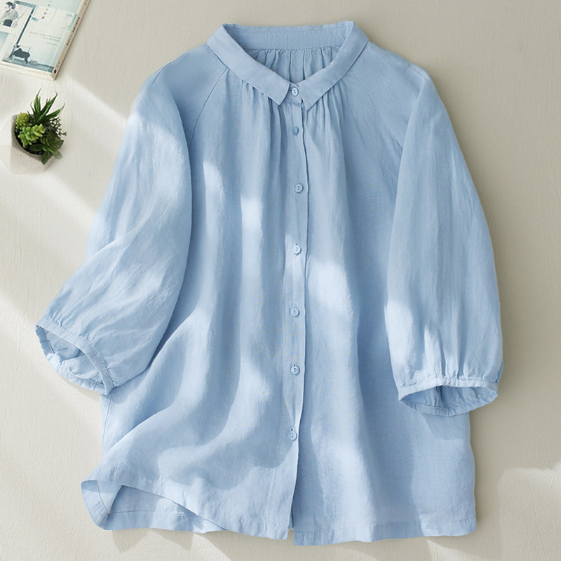 Cotton and linen balloon sleeve embroidered loose shirt