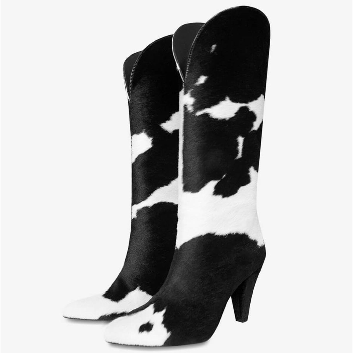 Black & White Cow-Print Horse Fur Cone Heel Western Boots for Women