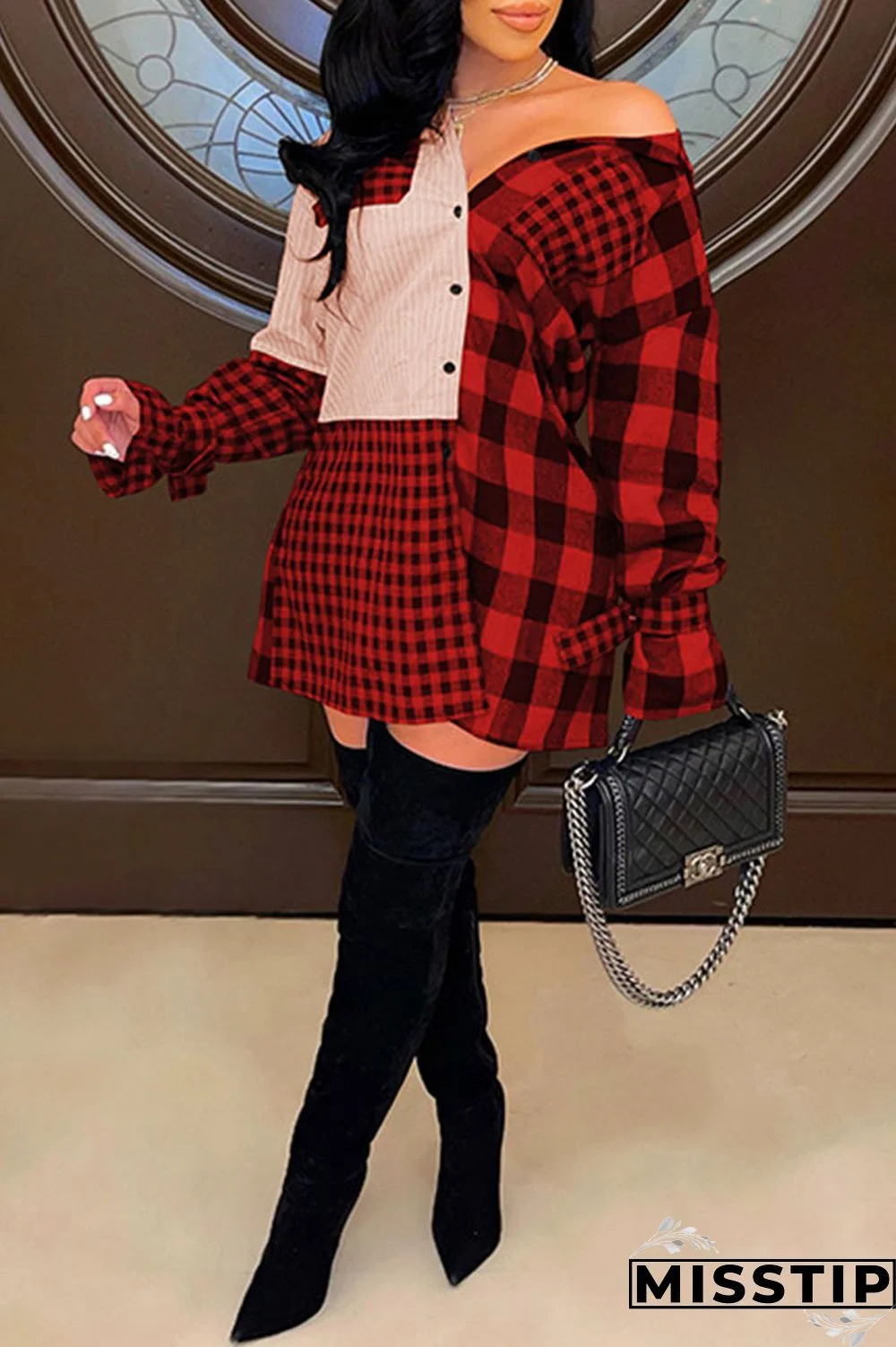 Deep Blue Casual Plaid Print Patchwork Buckle Turndown Collar Shirt Dress Dresses