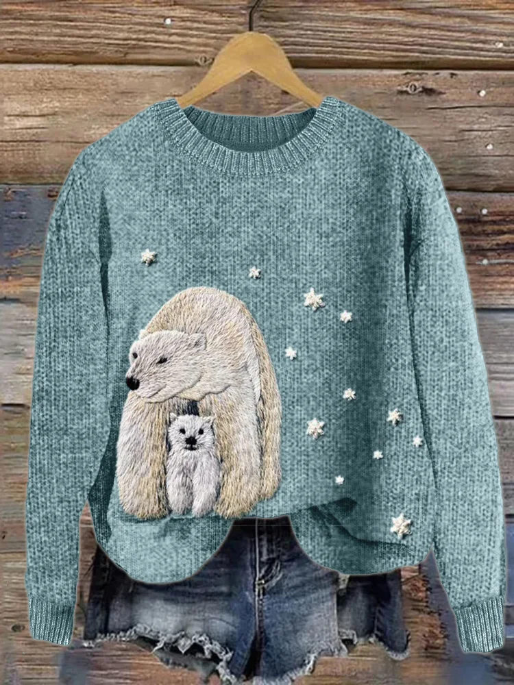 VChics Polar Bear Family Embroidery Cozy Knit Sweater