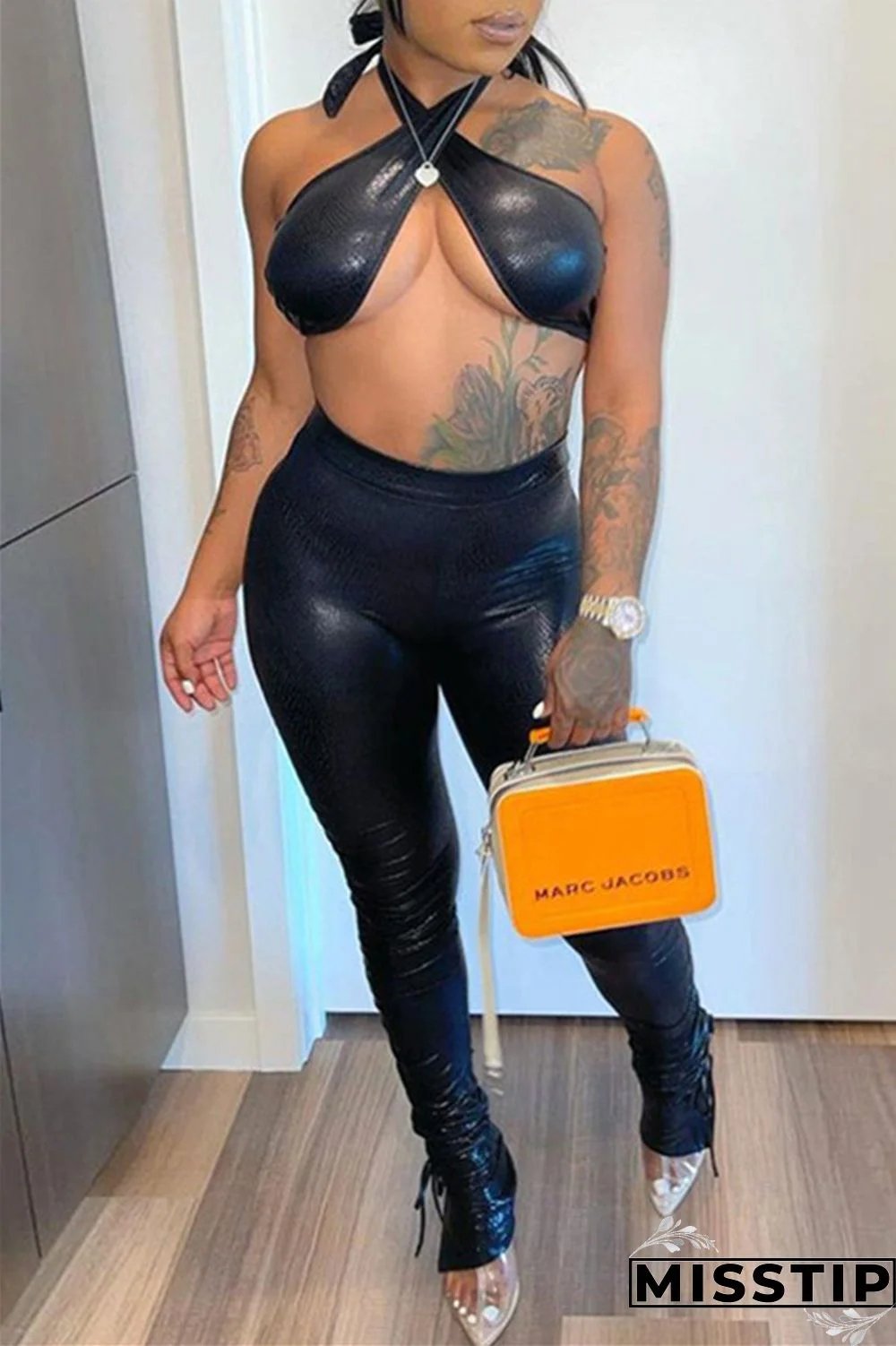 Black Fashion Sexy Solid Backless Strapless Sleeveless Two Pieces