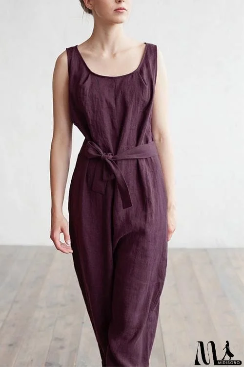 MidiSono - U Neck Sleeveless Belted Jumpsuit