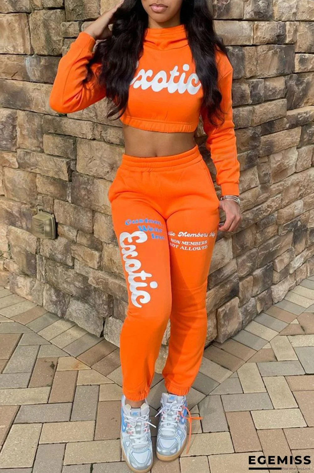 Orange Fashion Casual Letter Print Basic Turtleneck Long Sleeve Two Pieces | EGEMISS