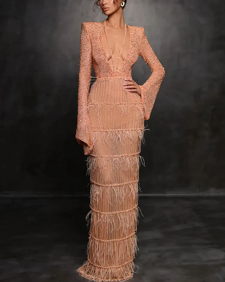 Esther Feathered Strapless Pearl Sequined Gown