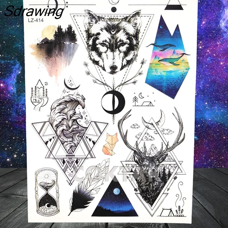 Sdrawing Geometric Fox Wolf Temporary Tattoos For Men Women Henna Tatoos Paper Waterproof Body Art Arm Leg DIY Fake Tattoo Sticker