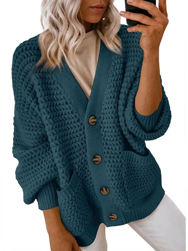 Athvotar Athvotar And Winter New Single-Dbutton V-Neck Sweater Women Loose Lantern Sleeve Jacket