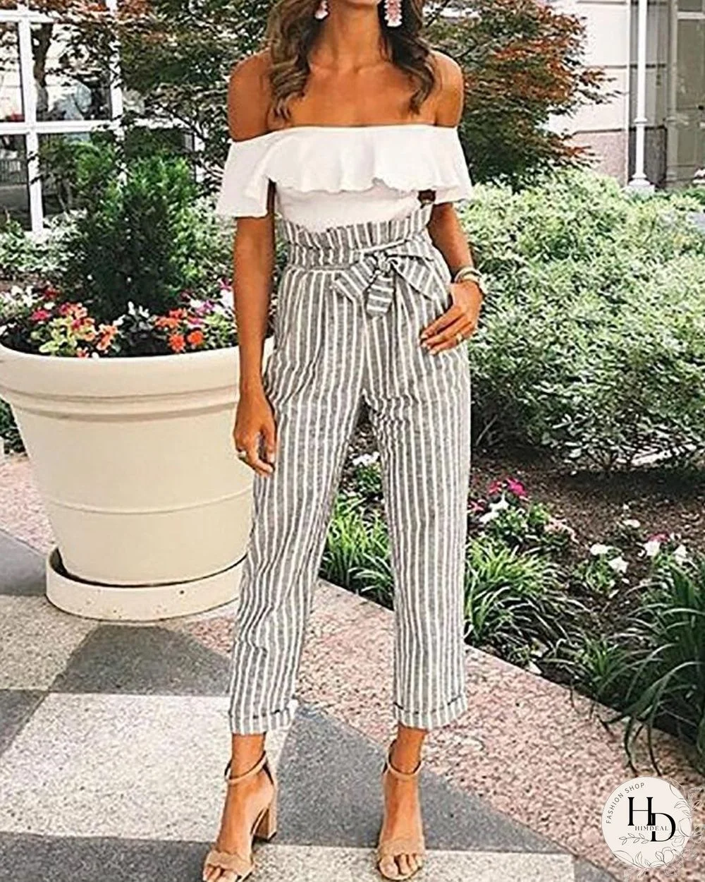 Striped Belted High Waist Roll Up Hem Pants P15550