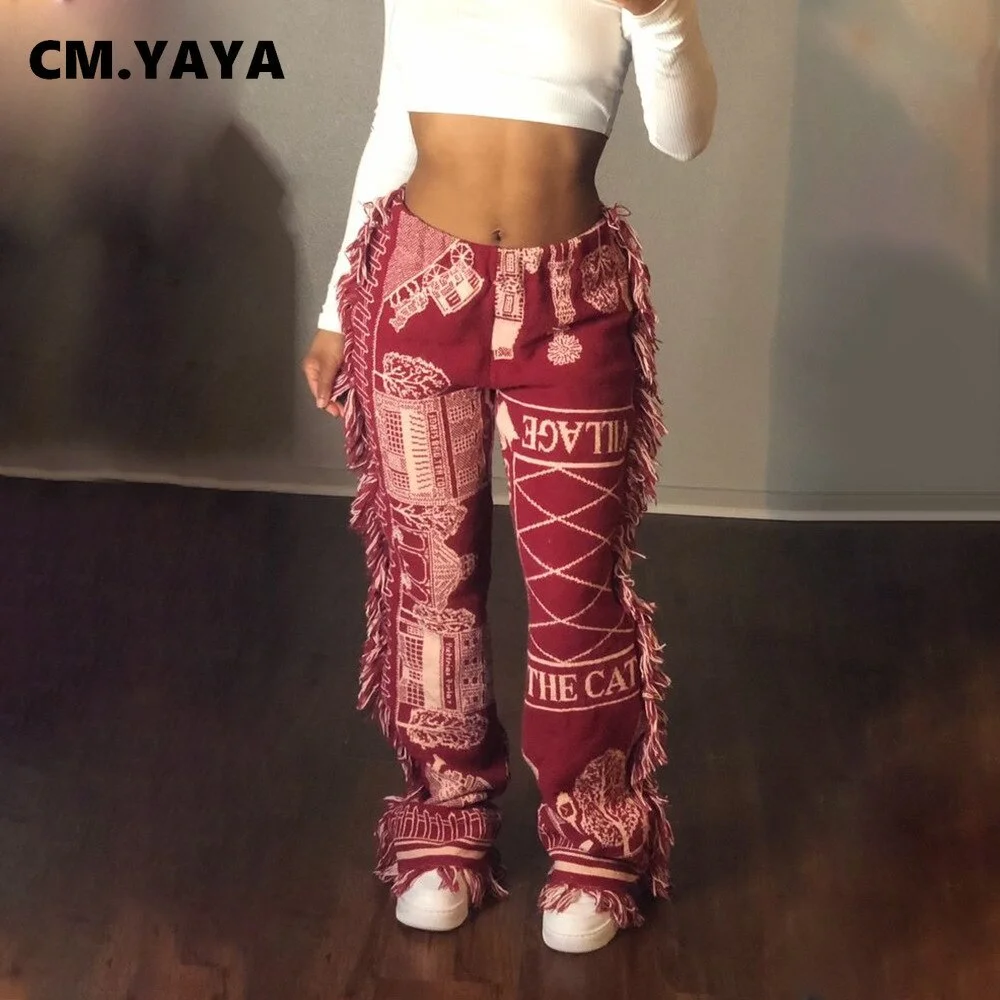 CM.YAYA Autumn Spring Women Pants High Waist Activewear Pencil Trousers Sporty Print Tassel Jogger Pants Sweatpants