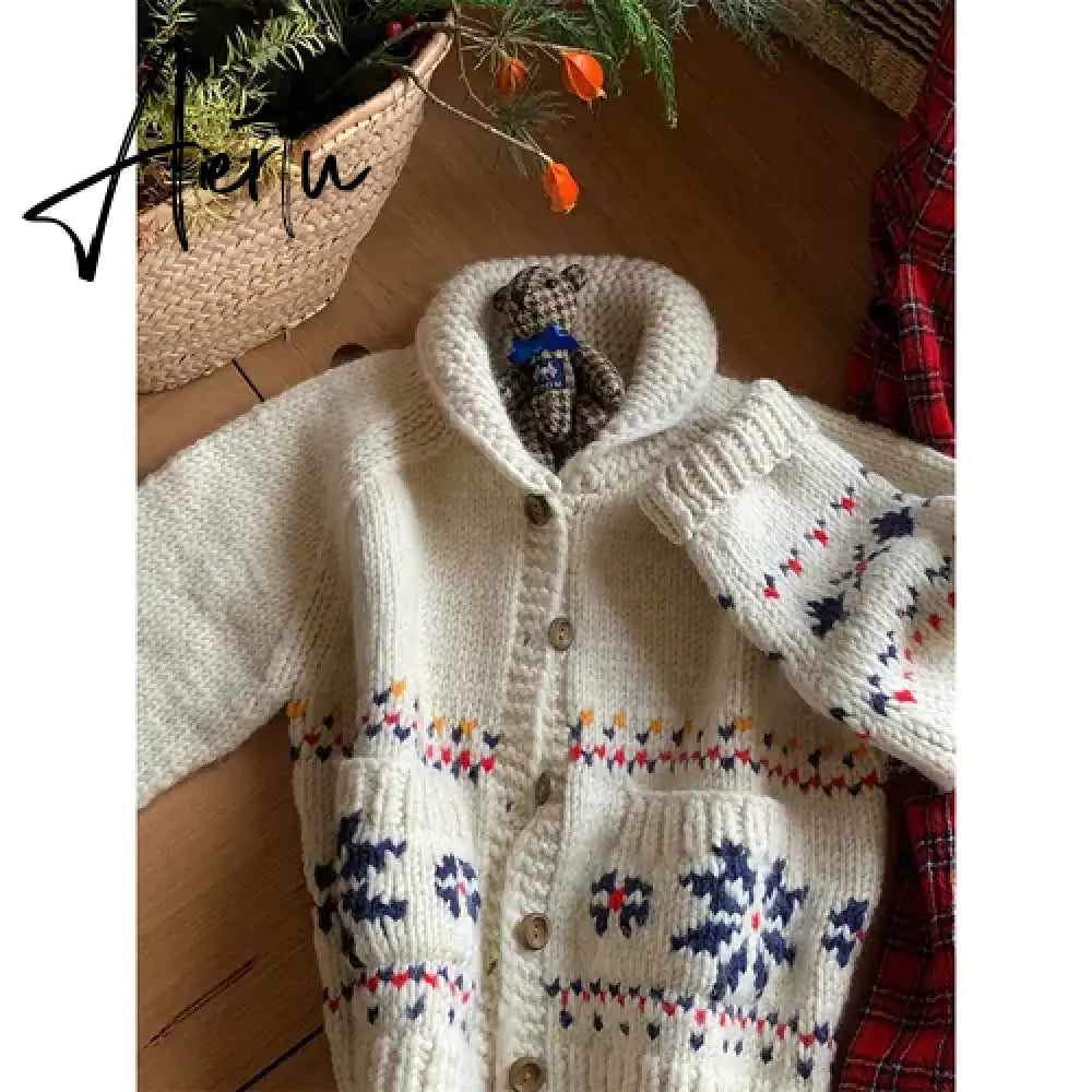 Japanese Gentle Sweater Vintage Style Jacquard Thick Coat Lapel Knitted Cardigan Female Harajuku Fashion Womens Clothing Aiertu