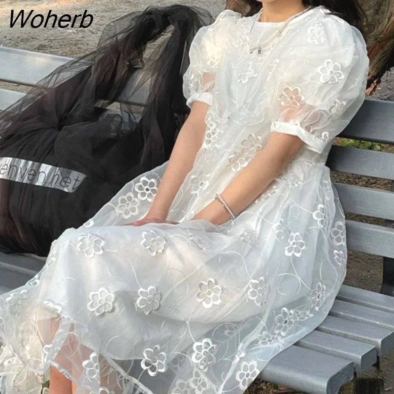Woherb Long Fairy Dress Women Sweet Mesh Hollow Out Designer Vintage Dress 2021 Elegant Korean High Waist Party Floral Dress
