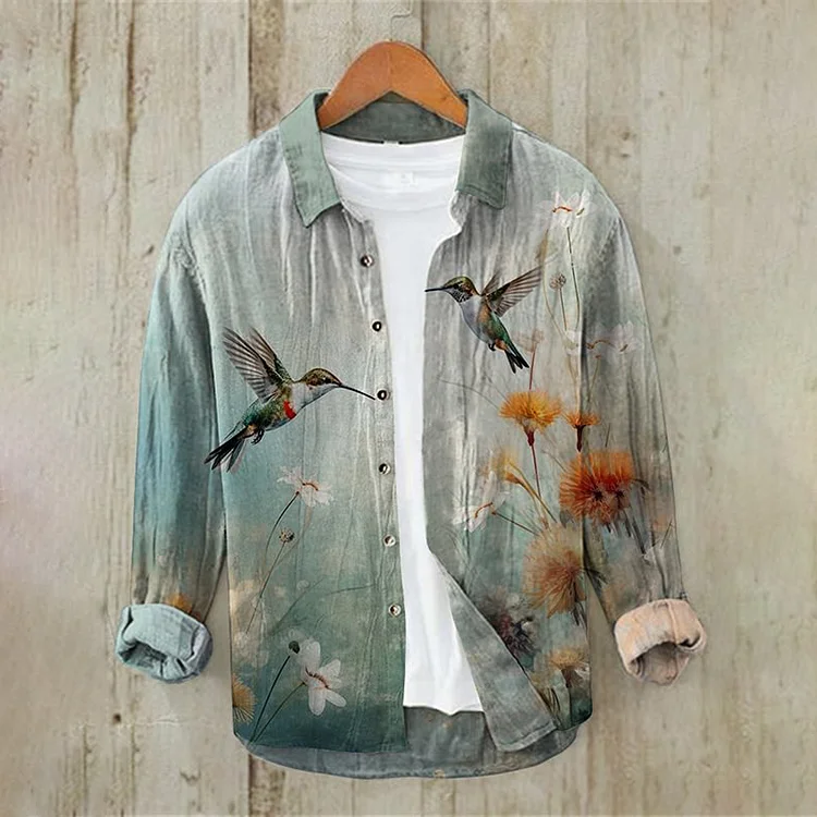 Wearshes Men'S Gradient Flying Birds Floral Art Print Long Sleeve Shirt