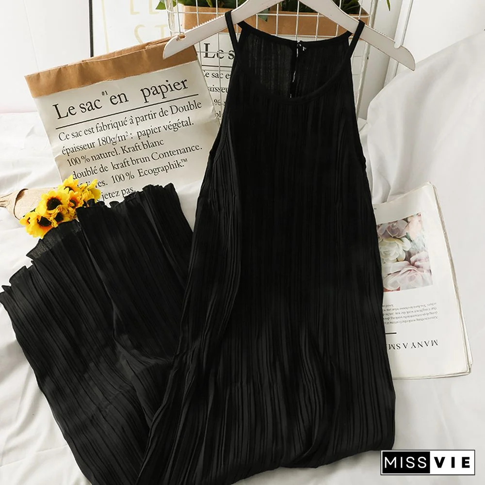 Dress Women Summer Retro Simple Chic Loose Off Shoulder Pleated Dresses Female Midi Sundress Trendy Sleeveless Vestidos Daily