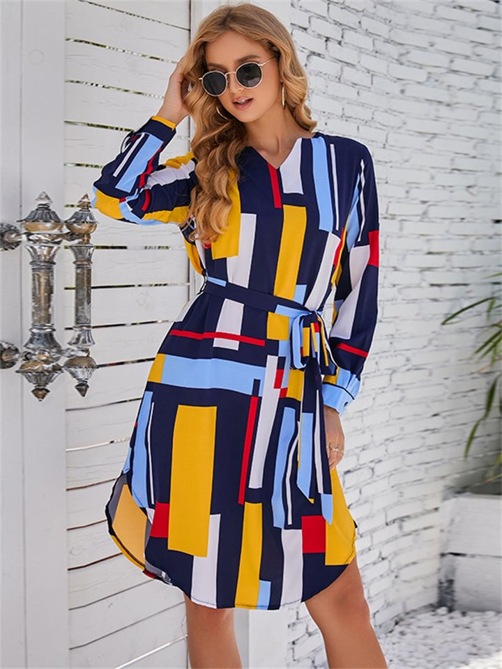 Classic Neckline Color Block Lace-up Design Dress | EGEMISS